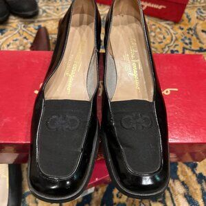 Salvatore Ferragamo Blk Nappa Leather and Nylon Moccasin w/Gancini Italy Sz 6.5
